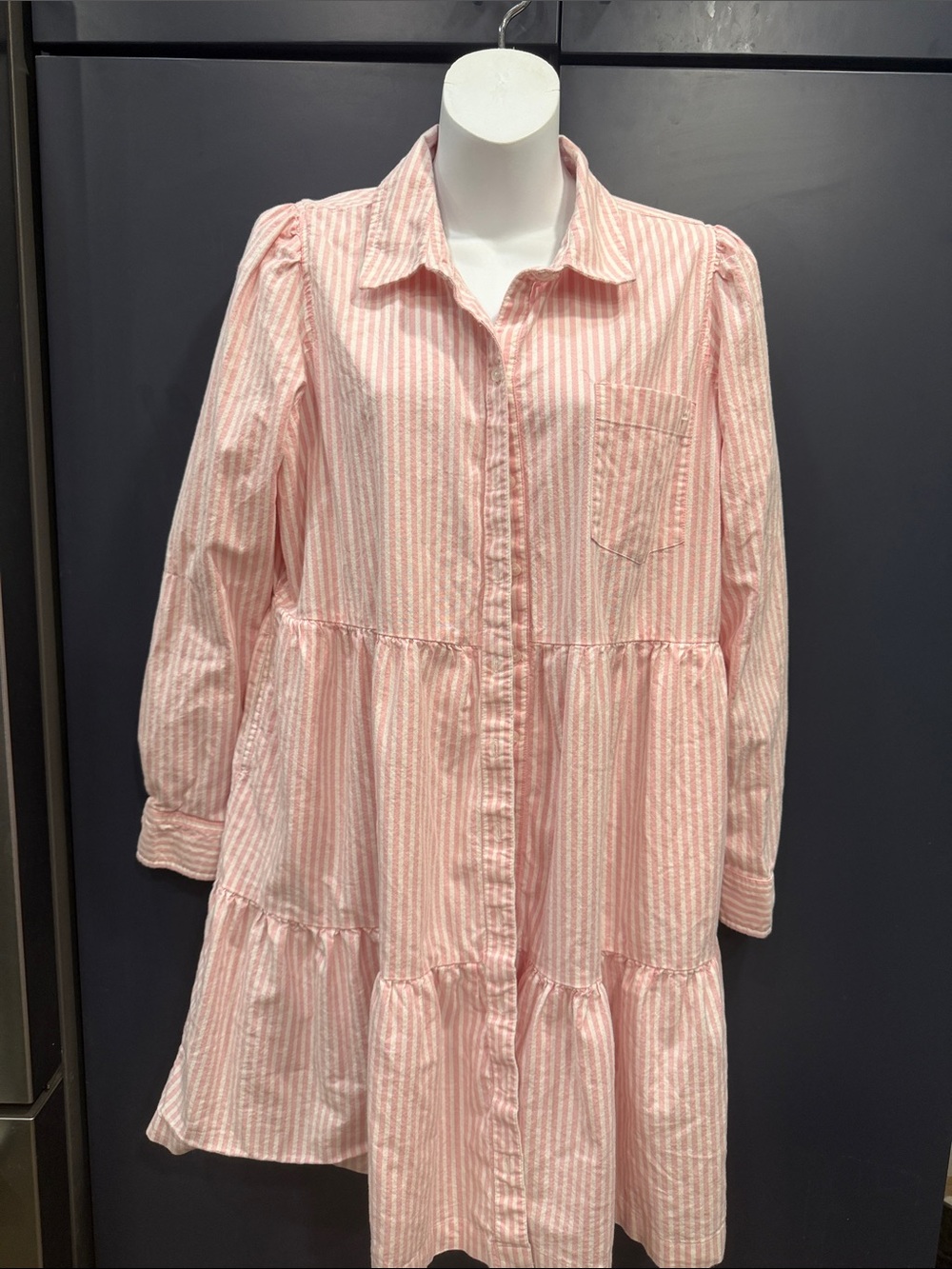 crown & ivy Pink Stripe Long Sleeve Tiered Shirt Dress